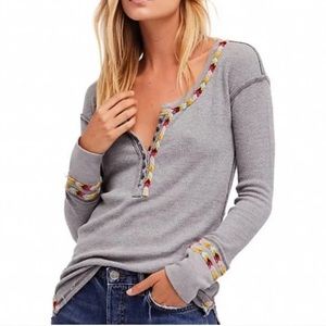 Free People Rainbow embroidered Henley thermal in gray